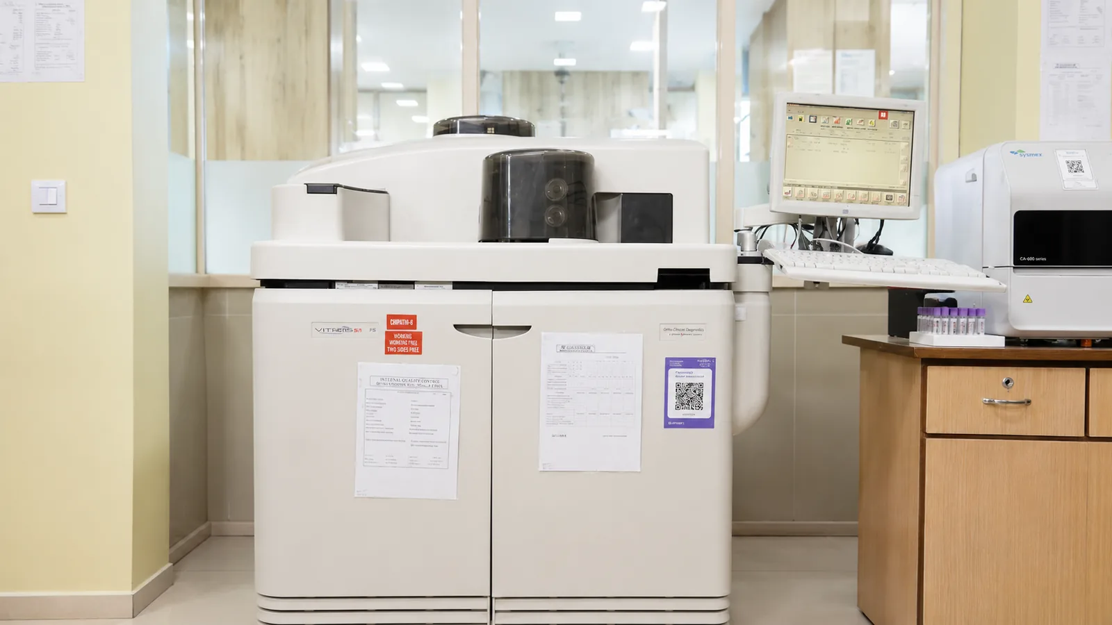 A clinical chemistry analyser on the laboratory bench