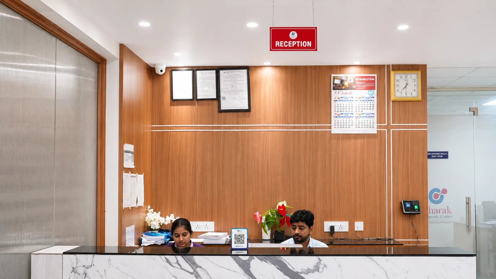 The reception desk at Charak Diagnostic Centre
